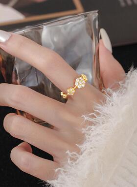 法式复古锆石花朵开口戒指女新款