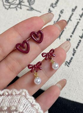 msj安可拉红色铃兰吊坠耳环女银针小巧简约秋冬学生甜美爱心耳钉
