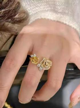 真金电镀中古锆石花朵开口戒指女