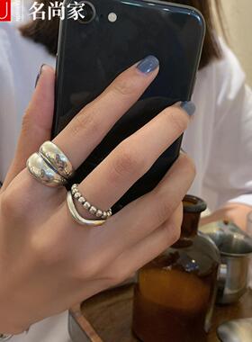韩国圆珠复古重工戒指女925镀银