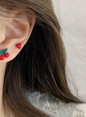 msj新年红色甜美小樱桃六件套耳钉女银针日常简约学生气质耳饰潮