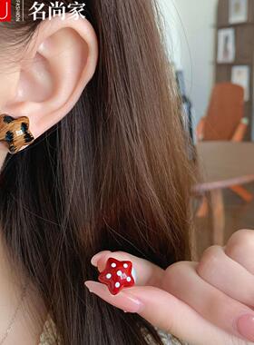 msj新款豹纹双戴式星星珍珠耳钉女银针复古红色波点气质新年耳饰