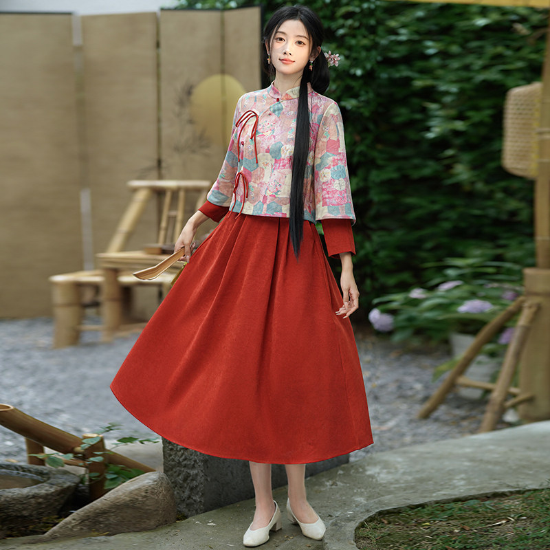 民国风少女旗袍两件套春秋新中式国风汉元素唐装日常小个子汉服女