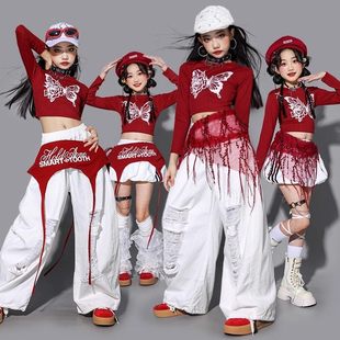元旦女童红色爵士舞演出服幼儿走秀上衣潮装儿童街舞套装女孩服装