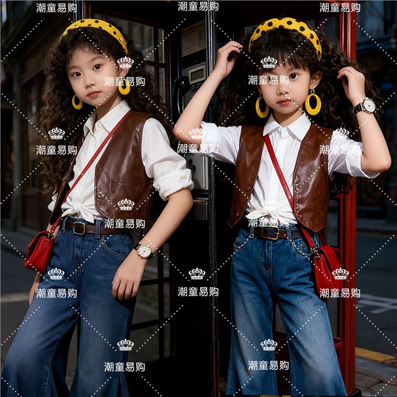 2025新款女童复古港风T台走秀模特比赛大玩家潮服装儿童摄影写真