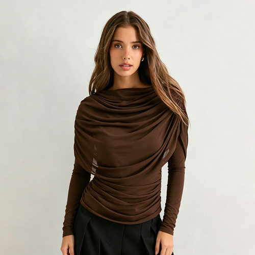 Solid color pleated shawl long sleeve top纯色褶皱披肩长袖t恤