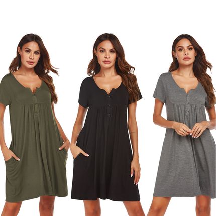 Women's Spring/Summer Short Sleeve Pocket Button Dress短袖裙