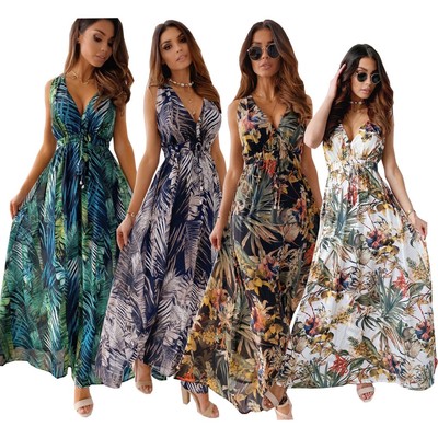 2024 Summer casual printed backless tie up dress露背女连衣裙
