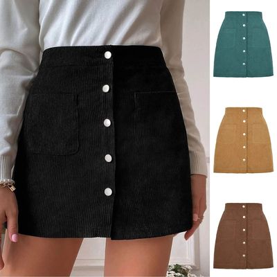 Women Corduroy single breasted slim fit solidcolor skirt短裙