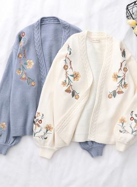All-match casual simple flower embroidery knitted cardigan