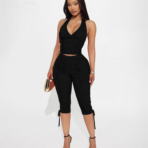 Women's Sexy V-Neck Halter Tank Top and Capri Pants Set 套装