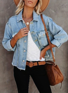 Autumn women's blue loose denim jacket春秋季女款蓝色牛仔外套