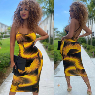 Printed Dress Spaghetti Backless 休闲印花吊带裙 Strap Casual