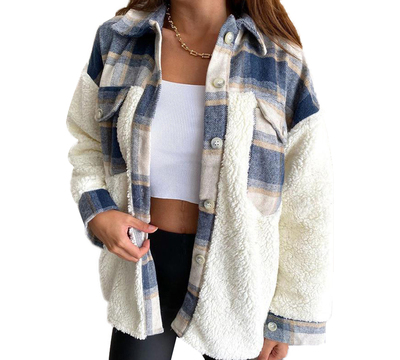 Leopard check print plush panel sweater coat格子印花拼接外套