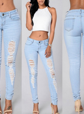 Ripped Women Jeans Denim Pants Fashion Light Blue Mid Waist