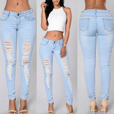 Ripped Women Jeans Denim Pants Fashion Light Blue Mid Waist