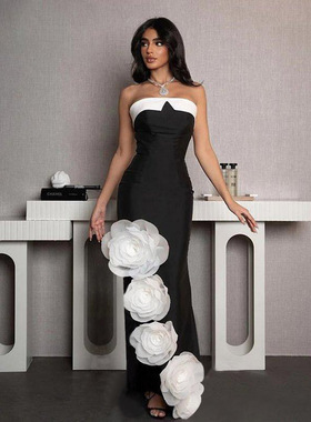 2024 strapless black/white patchwork large floral long skirt