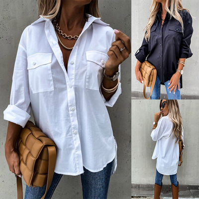 Irregular loose long-sleeve collared shirt top女宽松翻领衬衫