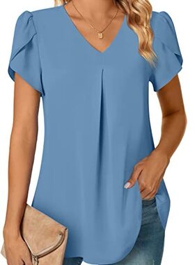 女时尚V领荷叶短袖上衣Fashion V-neck ruffle short sleeved top