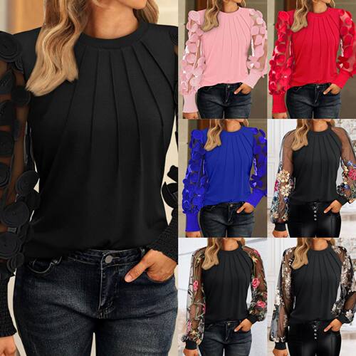 Long-sleeve fashion mesh crew neck T-shirt for women 上衣t恤