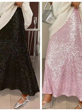 Fashion sequin elastic high waisted loose skirt女亮片半身裙