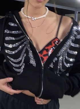 胸骨烫钻拉链连帽宽松型卫衣Sternum Drill Zip Hooded Loose Top