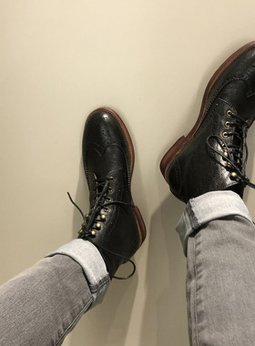欧美复古圆头布洛克雕花英伦风黑色马丁短靴高帮真皮靴男款工装鞋