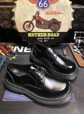 原创男士英伦黑色小牛皮软底皮鞋韩版休闲百搭真皮厚底潮鞋子透气