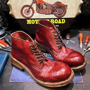 固特异布洛克英伦风复古男鞋 马丁伞兵靴做旧牛皮靴 真皮酒红色工装
