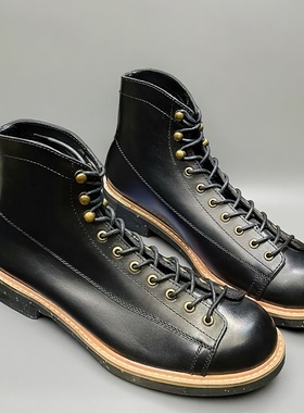 黑色高帮英伦风牛皮工装靴女美式复古真皮马丁短脸靴男百搭机车鞋