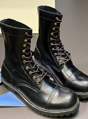 黑色美式复古真皮大头英伦风工装马丁骑行牛皮靴子男款长筒机车鞋