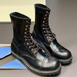 长筒机车鞋 马丁骑行牛皮靴子男款 复古真皮大头英伦风工装 黑色美式