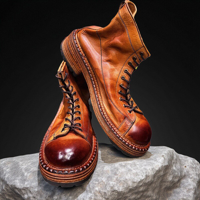 美式软皮机车皮靴厚底增高潮牌