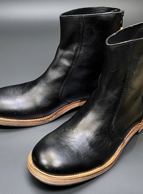 英伦风复古真皮黑色圆头水洗纯牛皮靴拉链马丁靴高帮工装鞋男潮流