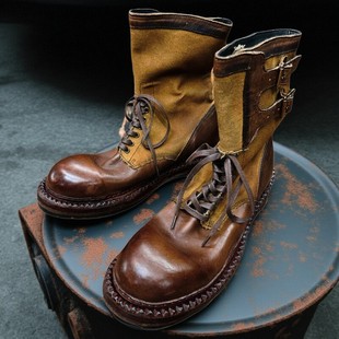 高级感马丁短靴中帮马皮工装 大头伞兵靴男款 靴 户外复古登山鞋 日式