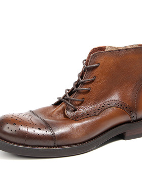 布洛克皮靴头层牛皮复古擦色做旧男鞋马丁靴高帮鞋