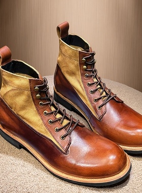 阿美咔叽复古真皮工装鞋高帮伞兵马丁短靴女英伦风头层牛皮靴男款