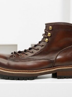 英伦风真皮男款厚底增高鞋手工装短靴黑色中帮伞兵马丁靴男生复古