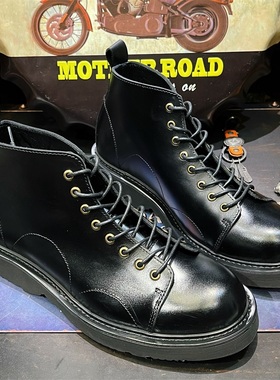 欧美高帮黑色工装鞋圆头马丁靴增高男款英伦风真皮厚底伞兵靴女潮
