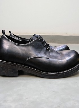 固特异英伦复古真皮圆头休闲厚底手工装皮鞋男黑色商务正装德比鞋