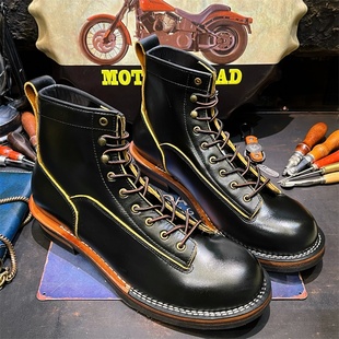 男鞋 固特异美式 复古茶芯牛皮伞兵靴机车马丁短脸靴高帮真皮手工装