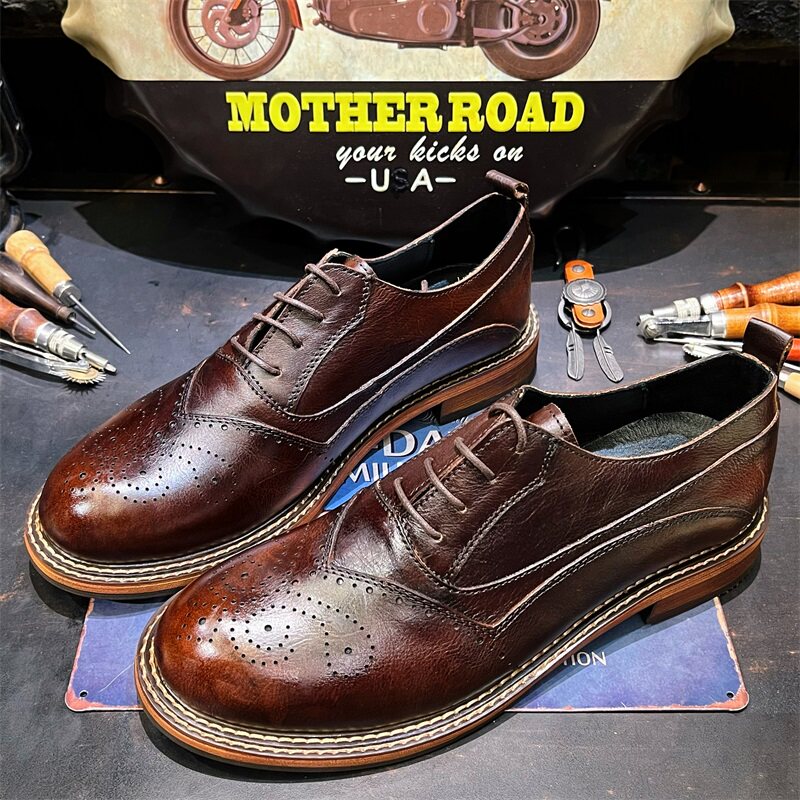美式复古布洛克英伦风休闲低帮工装男鞋真皮圆头德比牛皮鞋透气潮