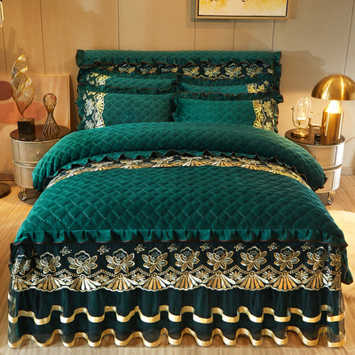 欧式水晶绒床裙款四件套珊v瑚绒法兰绒牛奶绒床罩被套加绒床上用