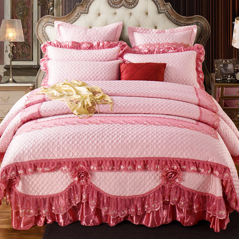欧式奢华夹棉加厚绗缝蕾丝边床裙式四件套床罩六件套秋冬保暖纯棉