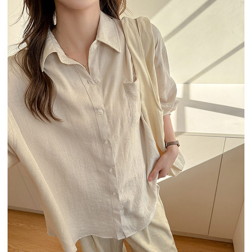 w法式亚麻衬衫女春夏季外穿薄款宽松长袖防晒感衬衣外套上衣