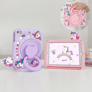 趴趴独角兽360度旋转支架iPadAir765保护套带笔槽iPad11可爱10.2第9代卡通Mini76彩虹马Pro11寸硅胶9.7平板壳
