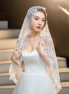 头纱蕾丝新娘结婚主婚纱领证拍照
