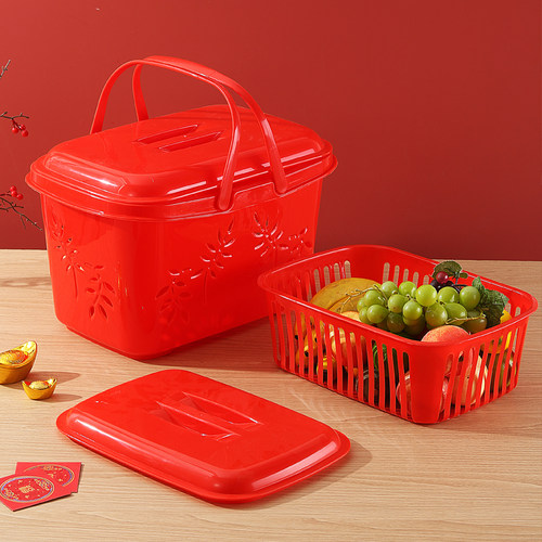 大红篮子双层带盖收纳篮手提篮