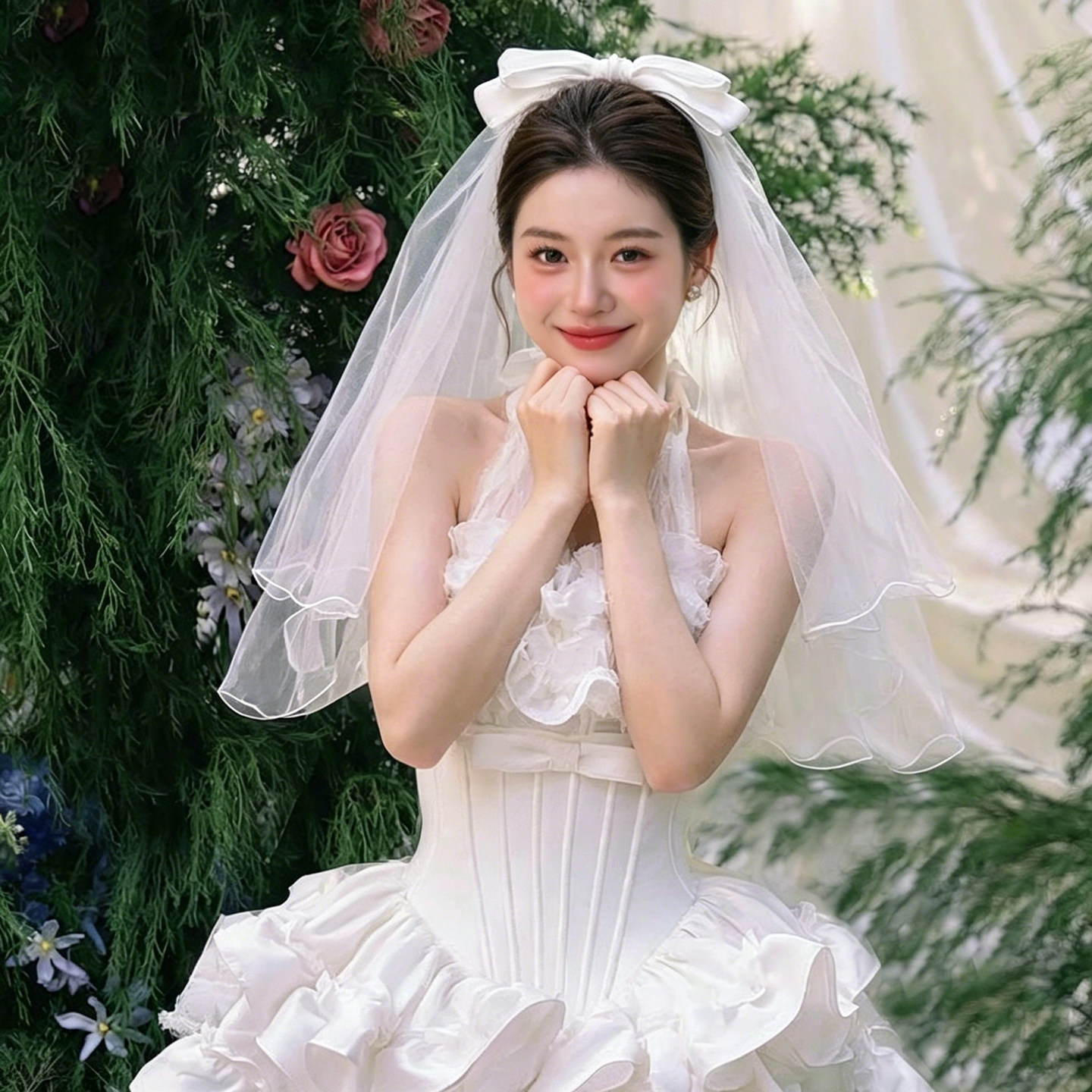 白色大蝴蝶结头纱新娘领证拍照道具双层蓬蓬网纱森系婚礼旅拍头纱