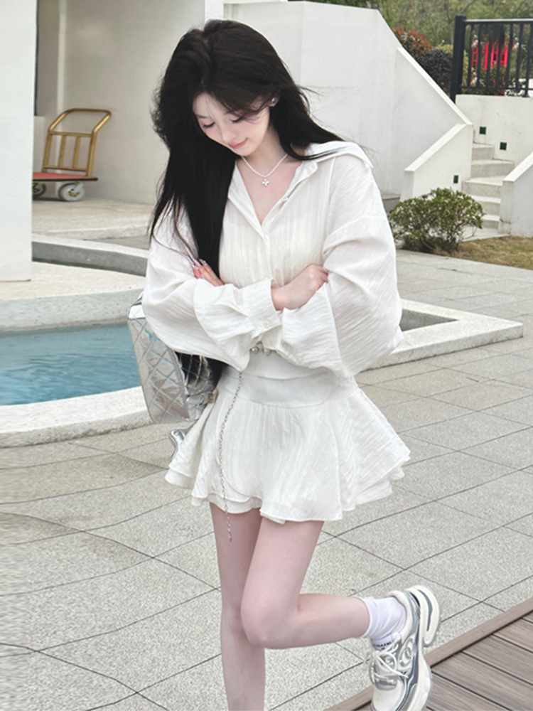 法式气质雪纺白色收腰连衣裙子女春装2024新款假两件短裙韩系穿搭